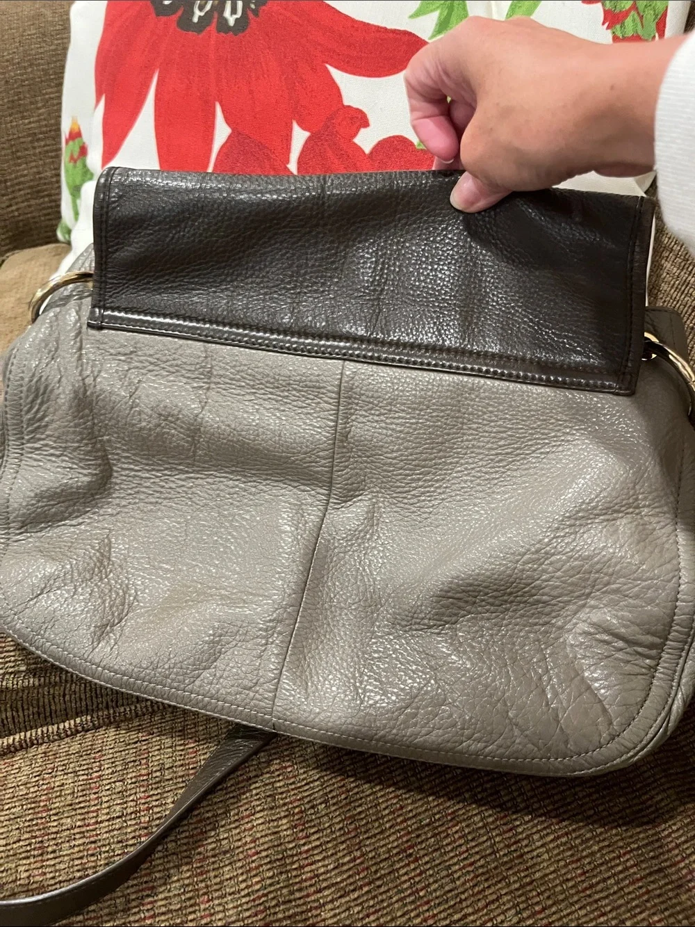 Tory Burch Two-Tone Pebbled Leather Crossbody in Dark Brown and Light Gray